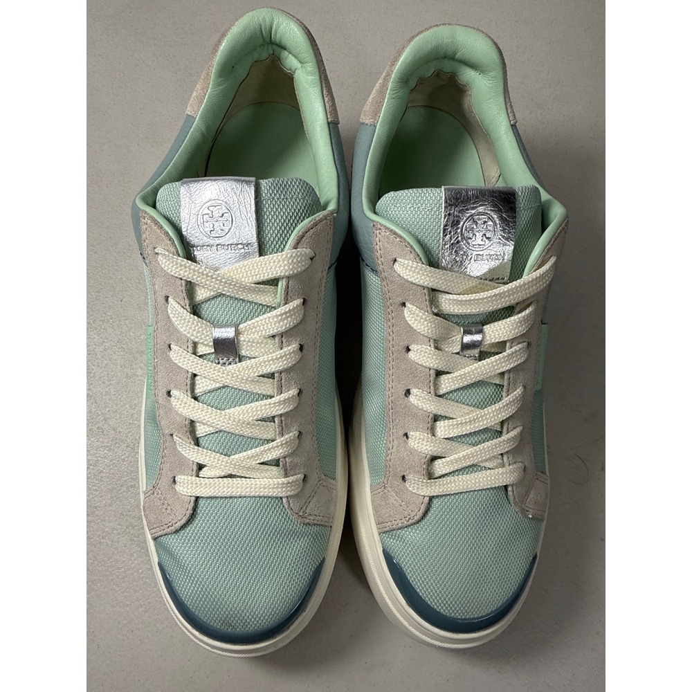 Tory Burch Howell Court Sneakers Mint Green Blue Leather Suede 10.5M 143982